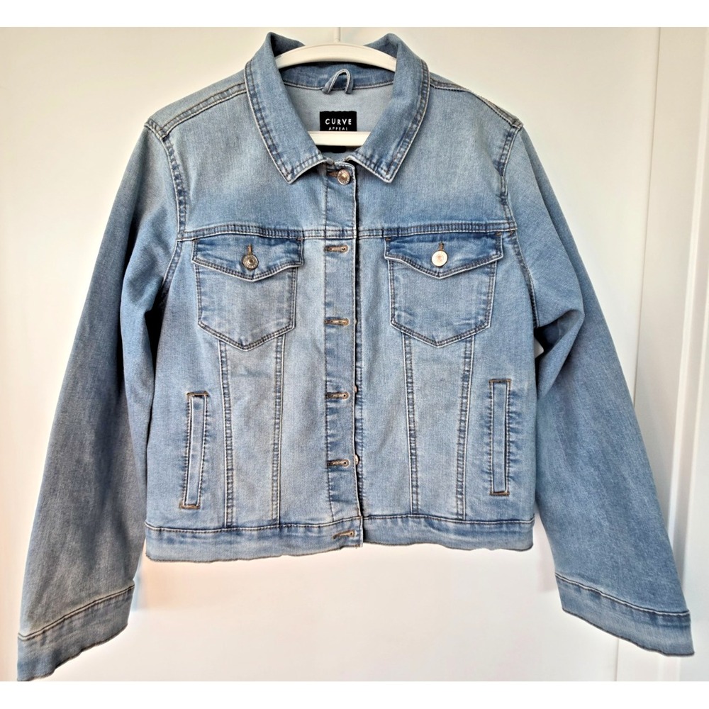 Curve Appeal Denim Jacket Women's Large Blue Jean Button Front Pockets \